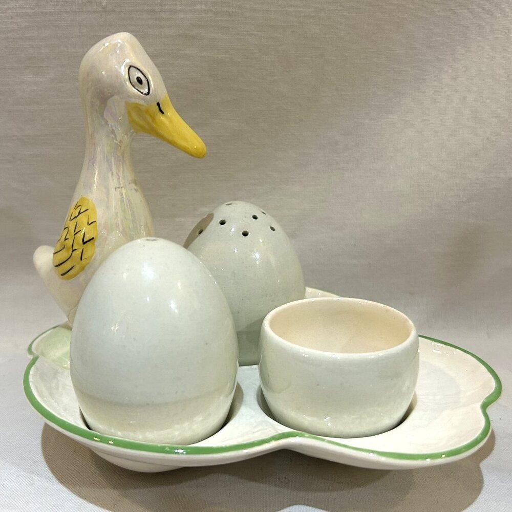 VTG Crown Devon Goose Eggs Salt Pepper Shaker Mustard Pot & Tray Set England